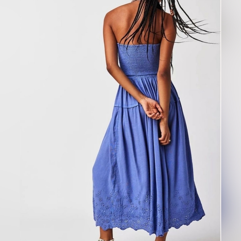 Free People Blue Eyelet Button-Front Strapless Dress - Picture 2 of 7